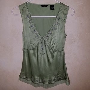New York & Company Silk Green jeweled top XS